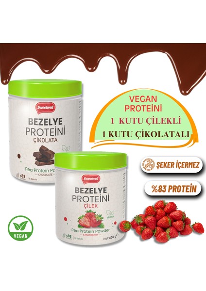 Çikolatalı 400 gr + Çilekli 400 gr Vegan Bezelye Proteini Tozu - %83 Protein Içerir Pae Protein