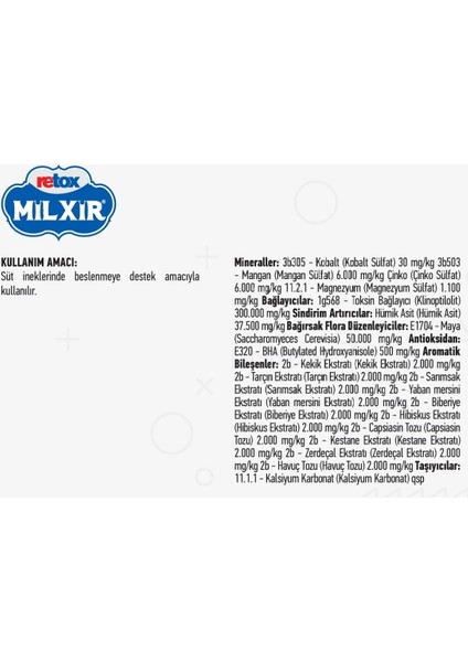 Retox Milxir Süt Inekleri Için Yem Katkı 25 kg