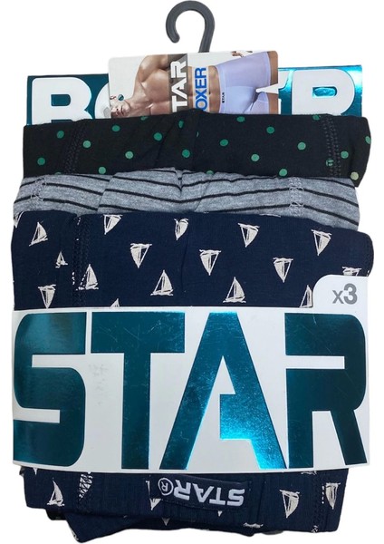 Star 106 Desenli Pamuklu Kemer Likralı 3'lü Boxer