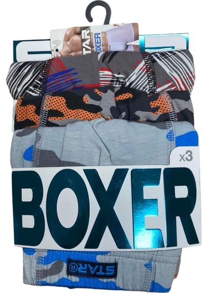 Star 106 Desenli Pamuklu Kemer Likralı 3'lü Boxer