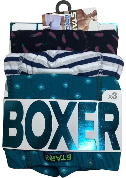 Star 106 Desenli Pamuklu Kemer Likralı 3'lü Boxer