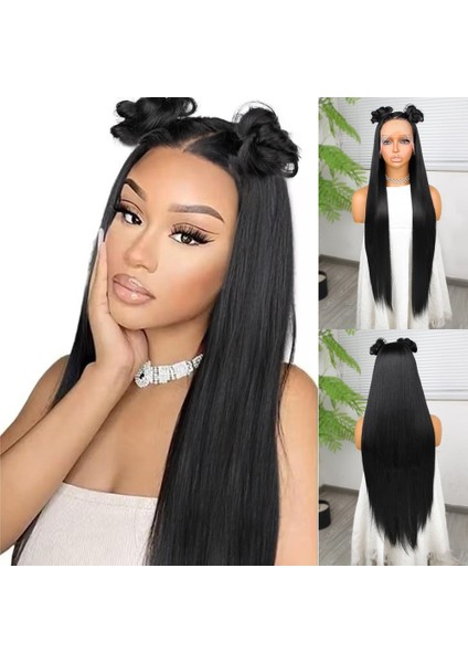 Ekstra Uzun Siyah Fiber Sentetik Düz Tül Peruk