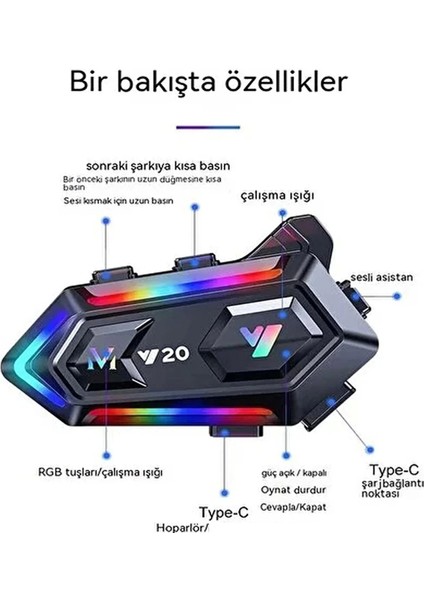 Y20 Motor Kurye Kask Kulaklık Rgb Modlu Bluetooth Motosiklet Kulaklık 5.3 Bluetooth Interkom