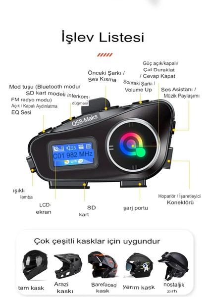 Q58-MAX Radyolu 2 Kişi Bağlantılı Bluetooth Kask Kulaklık Ekranlı Fenerli Müzik ve Telsiz Intercom