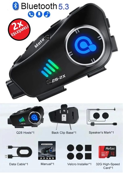 Q28 2x 2 Eşleşmeli Motosiklet Kask Bluetooth Kulaklık 1080P Kamera Su Geçirmez Intercom
