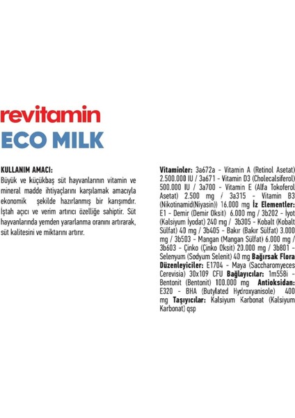 Revitamin Eco Milk Büyük ve Küçükbaş Hayvan Vitamin Mineral Premiks Kova-Kraft modelleri
