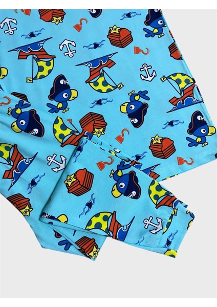 Erkek Çocuk %100 Pamuklu Mavi Yelken Balık Desenli Kısa Kollu Altı Uzun Yazlık Pijama Takımı