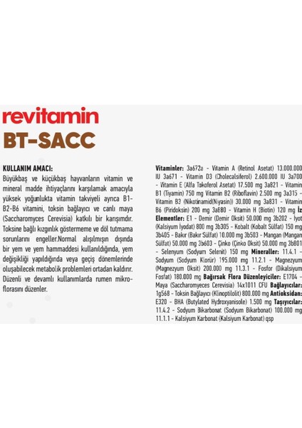 Revitamin Bt-Sacc Canlı Maya Almlı Hayvan Yem Katkısı 10 Kg - 25 Kg fiyatları
