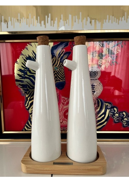 2'li Mantar Kapaklı Bambu Standlı Porselen Yağlık Sirkelik 19 cm