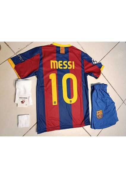Barcelona Messi 10 Kırmızı Mavi Çocuk Forma 4 Lü Set. Forma+Şort+Çorap+Bileklik