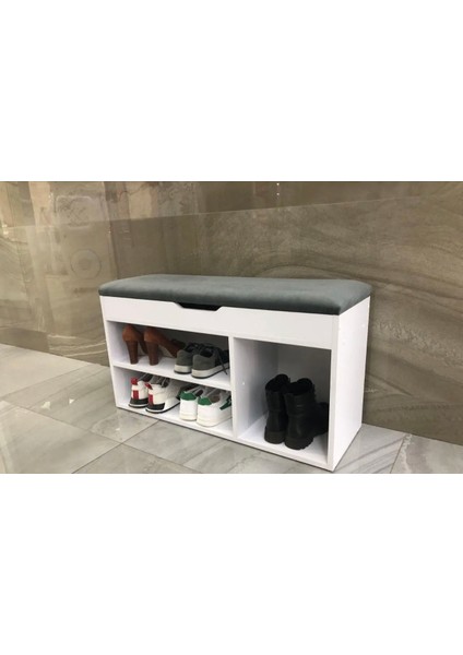 Konfor ve Düzen Bir Arada: Modern Oturaklı Ayakkabılıklı Puf – Şık Beyaz Tasarım