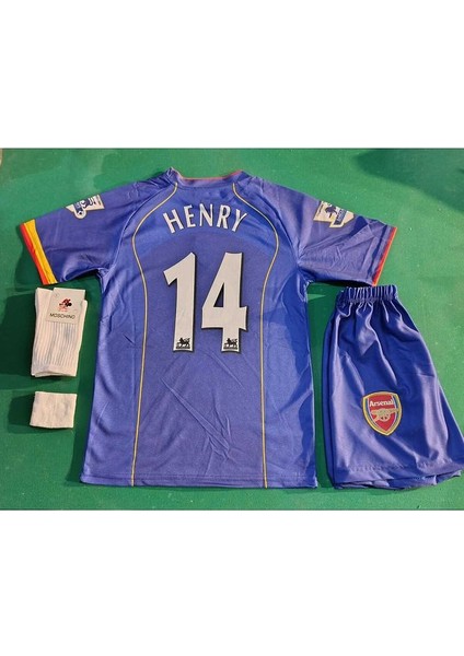 Arsenal Thierry Henry Lacivert Retro Çocuk Forma 4 Lü Set. Forma+Şort+Çorap+Bileklik