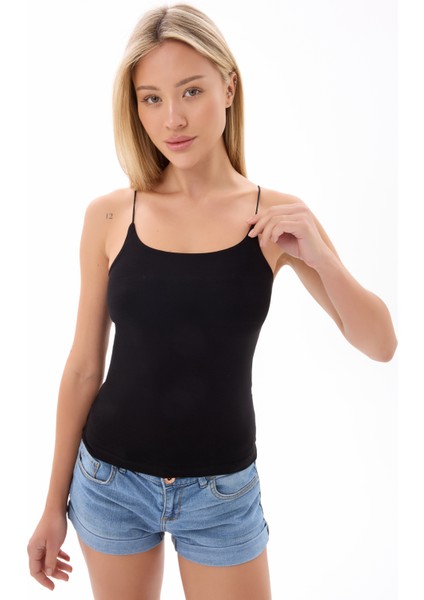 Kadın Siyah Çift Katlı İp Askılı Atlet