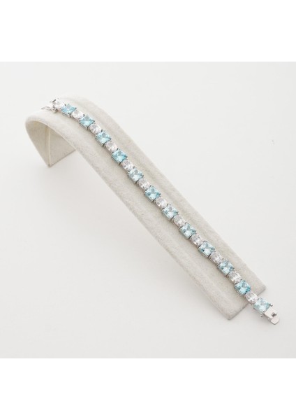 Mavi Kare ve Beyaz Oval İthal Gümüş Bileklik