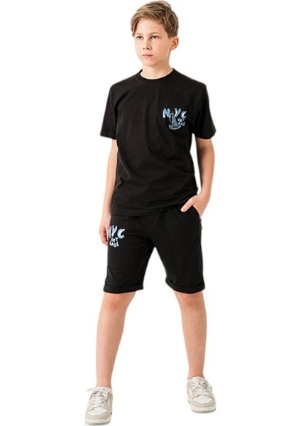 Erkek Çocuk Sırtı Desenli Siyah Tişört Şort 2'li Takım Erkek Çocuk Şortlu Yazlık Takım