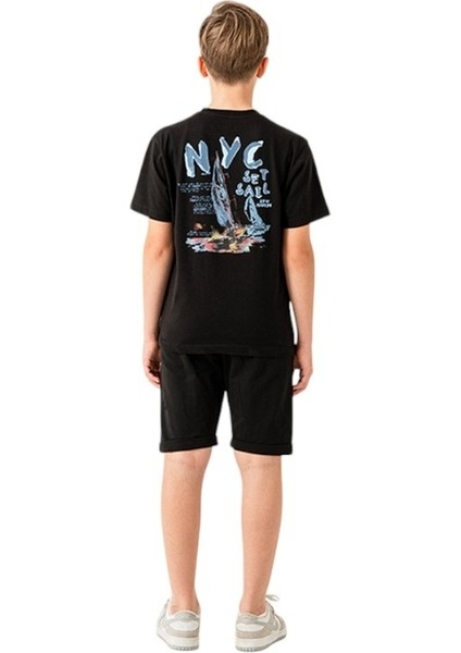 Erkek Çocuk Sırtı Desenli Siyah Tişört Şort 2'li Takım Erkek Çocuk Şortlu Yazlık Takım fiyatları