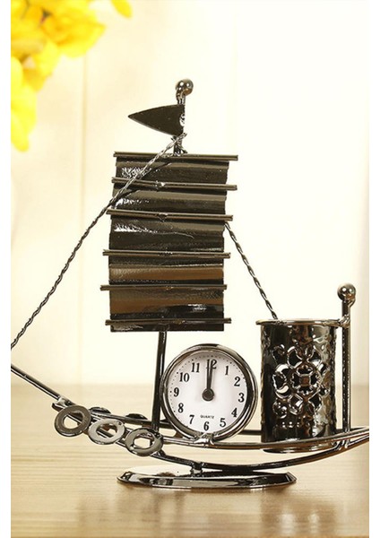 Yelken Modelli Saatli Kalem Kutusu Ofis Dekoru Masa Üstü Dekor