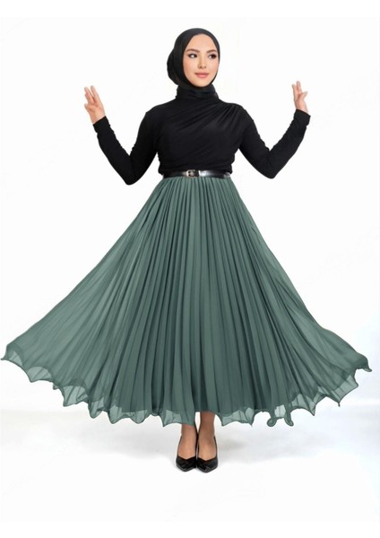 Kemerli Volanlı Pliseli Şifon Etek