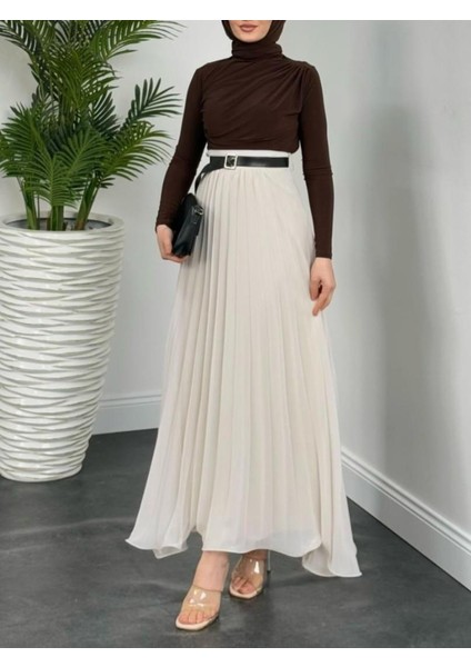 Kemerli Volanlı Pliseli Şifon Etek