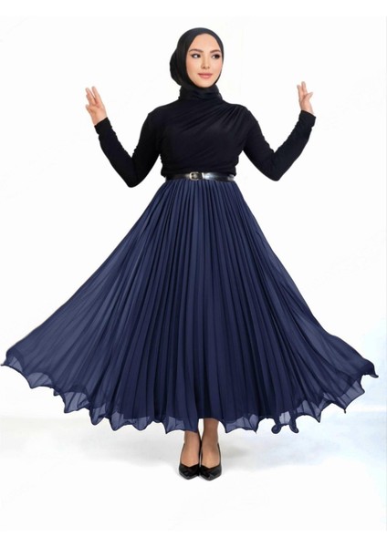 Kemerli Volanlı Pliseli Şifon Etek