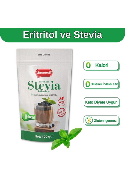 Zero Slim Stevia & Eritritol Tatlandırıcı 400 gr – Şekersiz, 0 Kalori, Keto ve Vegan Uyumlu