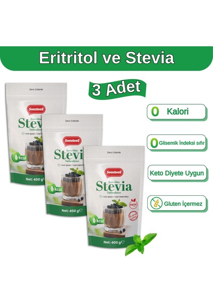 Zero Slim Stevia & Eritritol Tatlandırıcı 400 gr x 3 Adet – Şekersiz, 0 Kalori, Keto ve Vegan Uyumlu