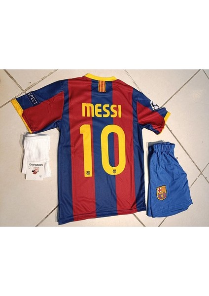 Barcelona Messi 10 Kırmızı Mavi Çocuk Forma 3 Lü Set. Forma+Şort+Çorap