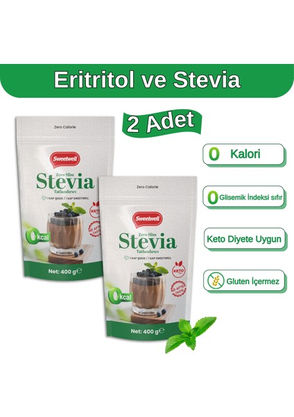 Zero Slim Stevia & Eritritol Tatlandırıcı 400 gr x 2 Adet – Şekersiz, 0 Kalori, Keto ve Vegan Uyumlu