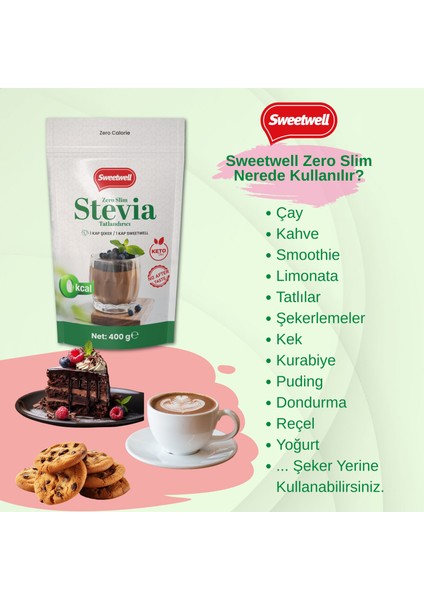 Zero Slim Stevia & Eritritol Tatlandırıcı 400 gr x 2 Adet – Şekersiz, 0 Kalori, Keto ve Vegan Uyumlu