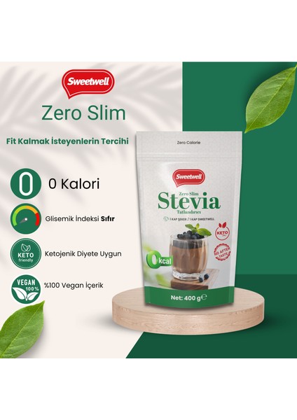Zero Slim Stevia & Eritritol Tatlandırıcı 400 gr x 2 Adet – Şekersiz, 0 Kalori, Keto ve Vegan Uyumlu