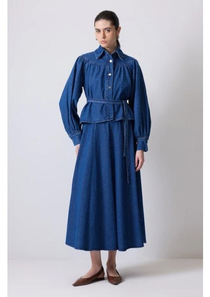 Denim Ceket Etek Takım Koyu Denim