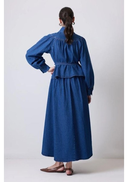 Denim Ceket Etek Takım Koyu Denim