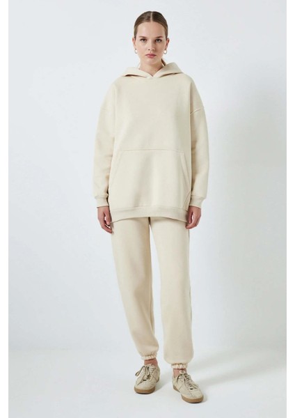Kapüşonlu Sweatshirt Eşofman Takım Bej