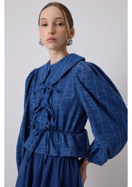 Denim Efektli Bluz Etek Takım Denim