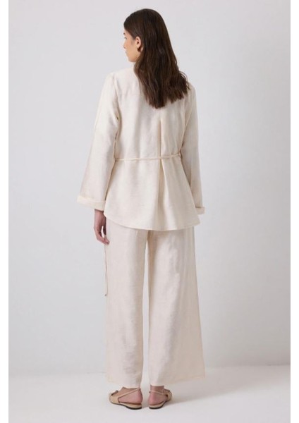 Jakarlı Kimono Pantolon Takım Beyaz