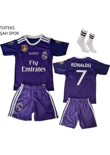 Real.madrid.ronaldo Mor 2017 Sezon Cardif Çocuk Futbol Forması 4 Parça fırsatları