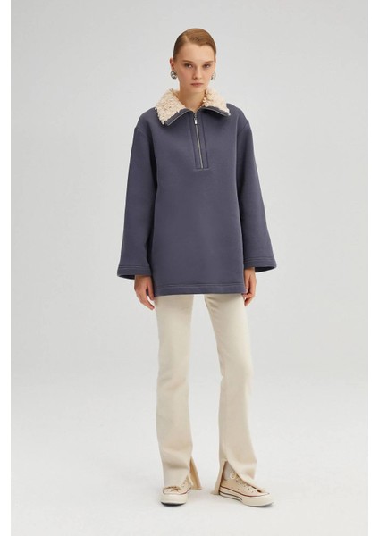 Yakası Kürklü Sweatshirt Antrasit