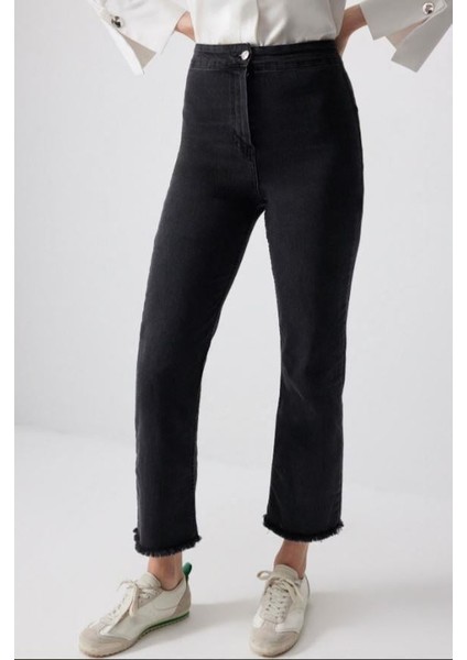 Paçası Püsküllü Denim Pantolon Antrasit