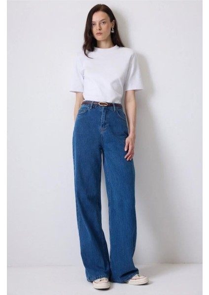 Bol Paça Denim Pantolon Açık Denim