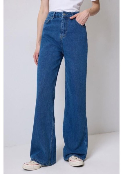 Bol Paça Denim Pantolon Açık Denim