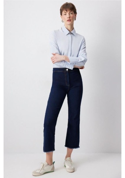 Paçası Püsküllü Denim Pantolon Koyu Denim