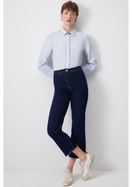 Paçası Püsküllü Denim Pantolon Koyu Denim
