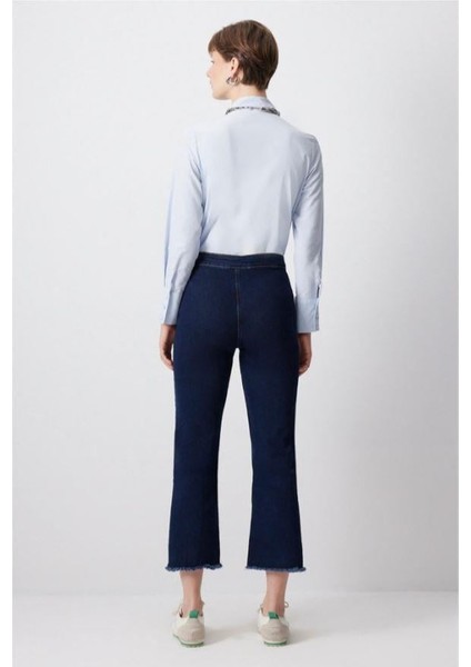 Paçası Püsküllü Denim Pantolon Koyu Denim
