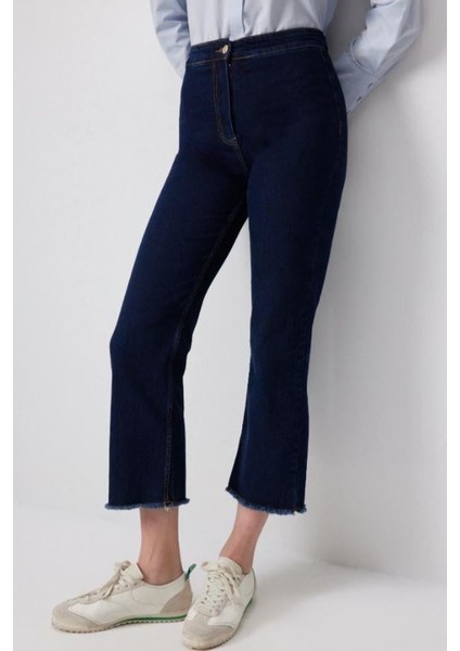 Paçası Püsküllü Denim Pantolon Koyu Denim
