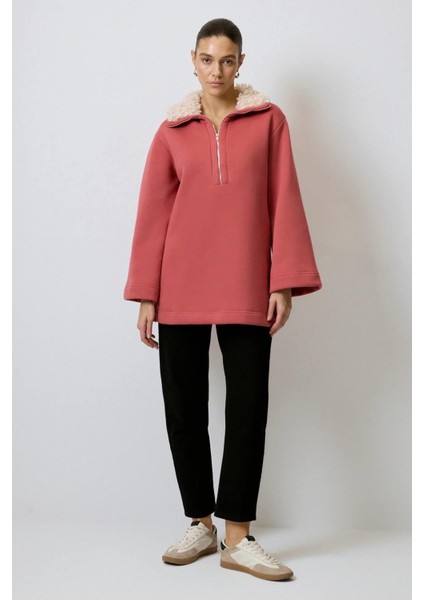 Yakası Kürklü Sweatshirt Rose