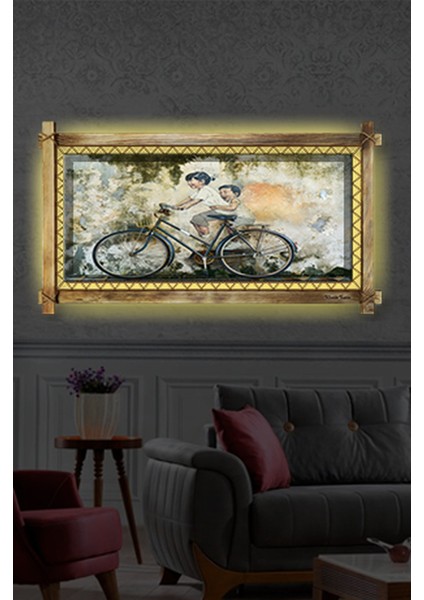 Rustik,ledli Kanvas Tablo Bisikletli Çocuk B