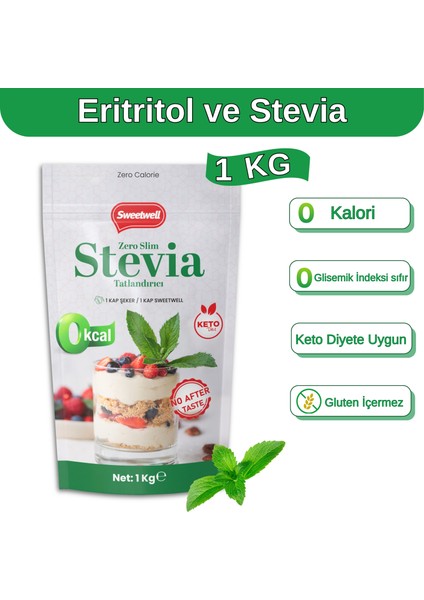 Zero Slim Stevia & Eritritol Tatlandırıcı 1 kg – Şekersiz, 0 Kalori, Keto ve Vegan Uyumlu