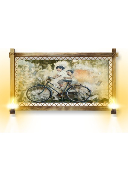 Rustik,ledli Kanvas Tablo Bisikletli Çocuk B