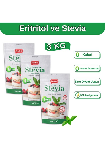 Zero Slim Stevia & Eritritol Tatlandırıcı 1 kg x 3 Adet – Şekersiz, 0 Kalori, Keto ve Vegan Uyumlu