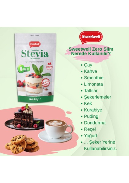 Zero Slim Stevia & Eritritol Tatlandırıcı 1 kg x 3 Adet – Şekersiz, 0 Kalori, Keto ve Vegan Uyumlu